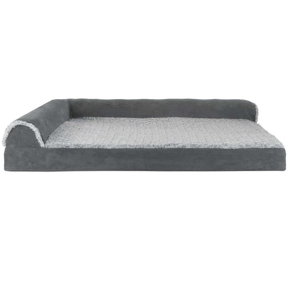 FurHaven Two-Tone Faux Fur & Suede Deluxe Chaise Lounge Orthopedic Sofa Pet Bed - Stone Gray (Jumbo)