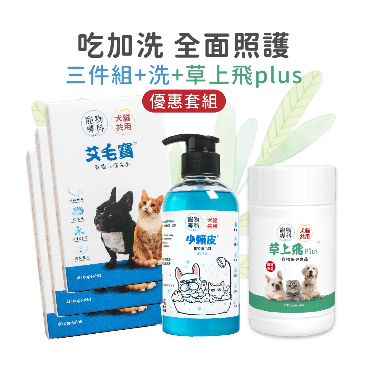 艾毛寶三盒裝＋少賴皮(少賴皮效期2027/1，買一贈一)＋草上飛plus
